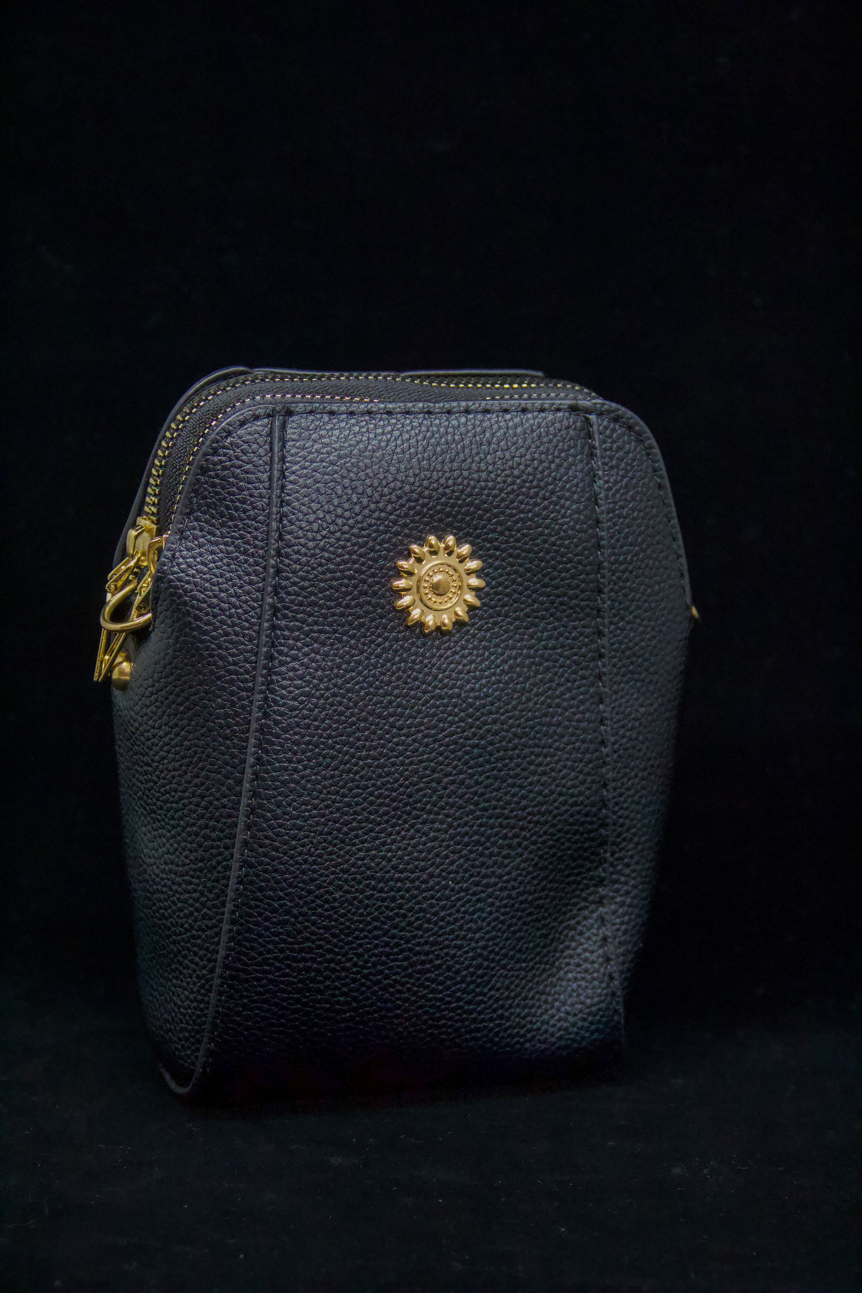 Black Crossbody with Gold Sun Emblem
